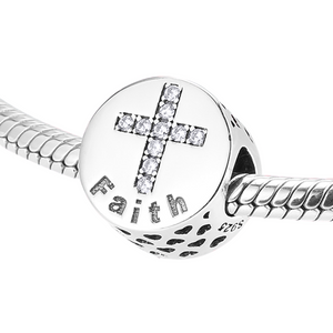 Crystal Cross Faith Round Charm 925 Sterling Silver