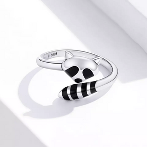 Black Enamel Raccoon Bypass Stacking Ring Sterling Silver