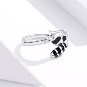Black Enamel Raccoon Bypass Stacking Ring Sterling Silver