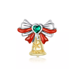 Christmas Bell Ribbon Heart Charm 925 Sterling Silver