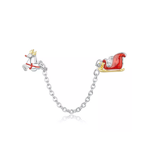 Christmas Reindeer Sleigh Safety Chain Charm 925 Sterling Silver