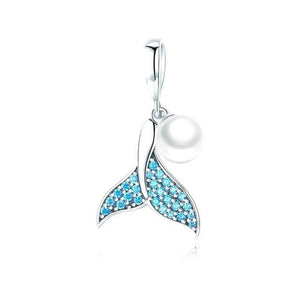 Cubic Zirconia Whale Tail & Pearl Dangle Charm 925 Sterling Silver
