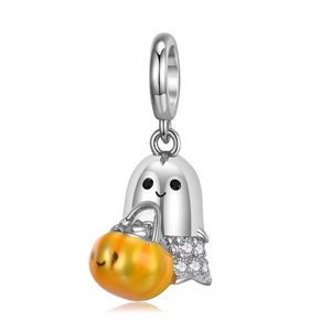 Trick-or-Treater Ghost w/ Pumpkin Candy Basket Charm 925 Sterling Silver