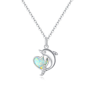Opalite Dolphin Heart Necklace Sterling Silver