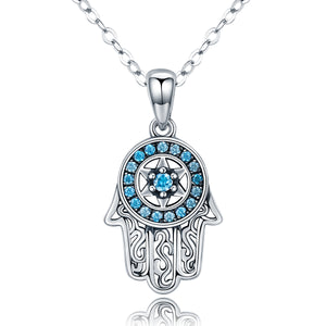 Blue Crystal Star of David Hamsa Hand Pendant Necklace Sterling Silver