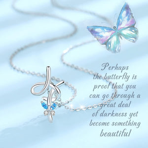Letter H Cursive Initial Crystal Butterfly Necklace Sterling Silver