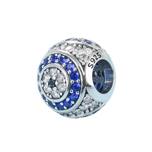 Blue & White Crystal Evil Eye Bead Charm 925 Sterling Silver