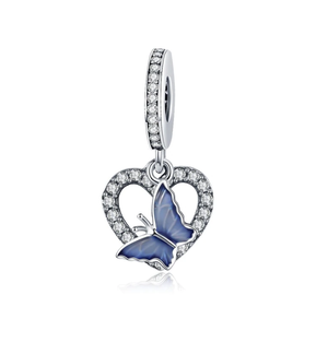 Crystal Heart Enamel Butterfly Dangle Charm 925 Sterling Silver