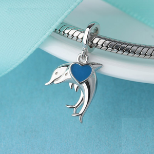 Twin Dolphins Heart Charm 925 Sterling Silver