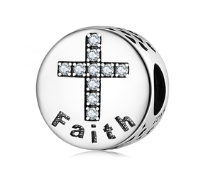 Crystal Cross Faith Round Charm 925 Sterling Silver
