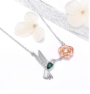 Hummingbird & Flower Pendant Necklace Sterling Silver