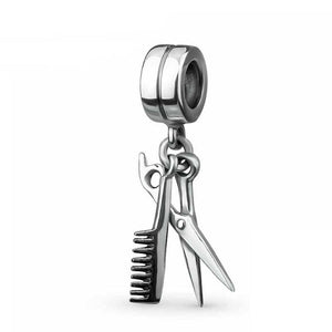 Hairdresser Scissors & Comb Dangle Charm 925 Sterling Silver