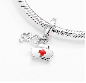 Red Enamel Nurse Hat Stethoscope Dangle Charm 925 Sterling Silver